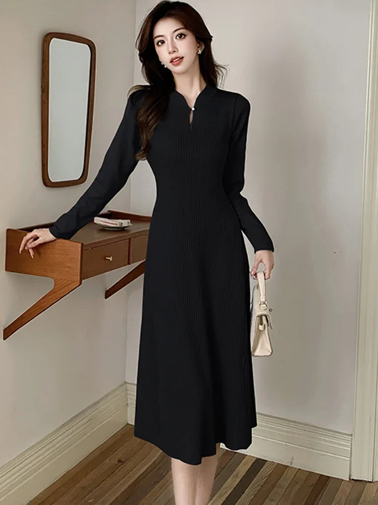 2024 Красное вязаное плотное теплое платье-свитер женское корейское винтажное