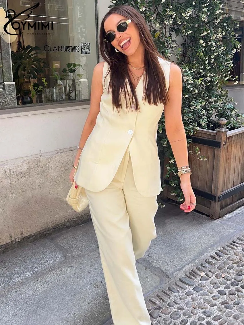 Oymimi повседневные бежевые хлопковые комплекты для женщин 2 штуки V-образный вырез