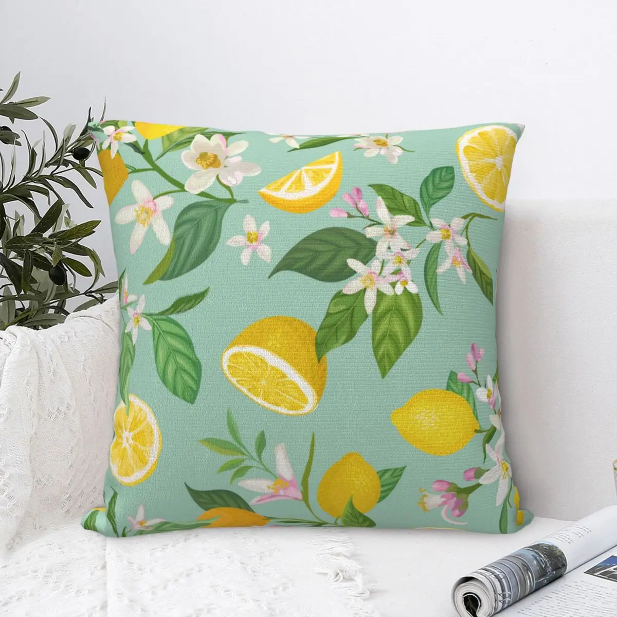 

Lemon Flower Pillowcase Printing Polyester Cushion Cover Decoration Fruit Throw Pillow Case Cover Living Room Square 18"
