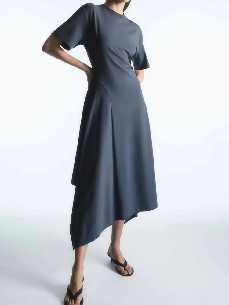 

Женское асимметричное платье средней длины, винтажное платье с круглым вырезом и коротким рукавом, модель 2023, 1188/215