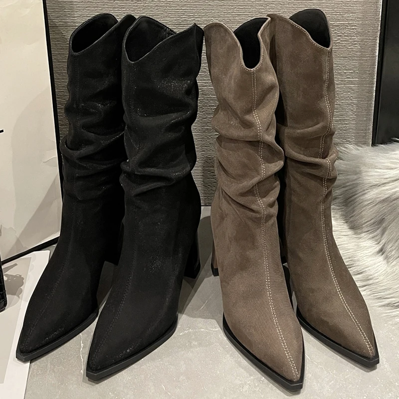 

2022 New Autumn Winter Fashion Pleated Heels Ladies Chelsea Boots Female Pumps Shoes Pointed Toe Mid-Calf Women Modern Boots