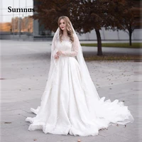 sumnus a line luxury wedding dress sheer neck beading long sleeve bridal gowns sweep train tulle dresses for bride plus size