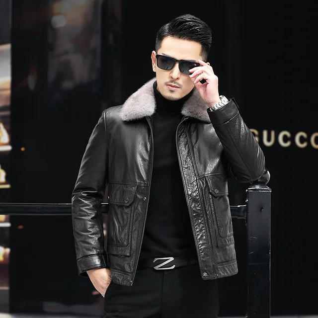 

Winter Genuine Leather Men Natural Mink Fur Collar Coats Cowhide Jackets Male Clothes Chaquetas Hombre WPY4662