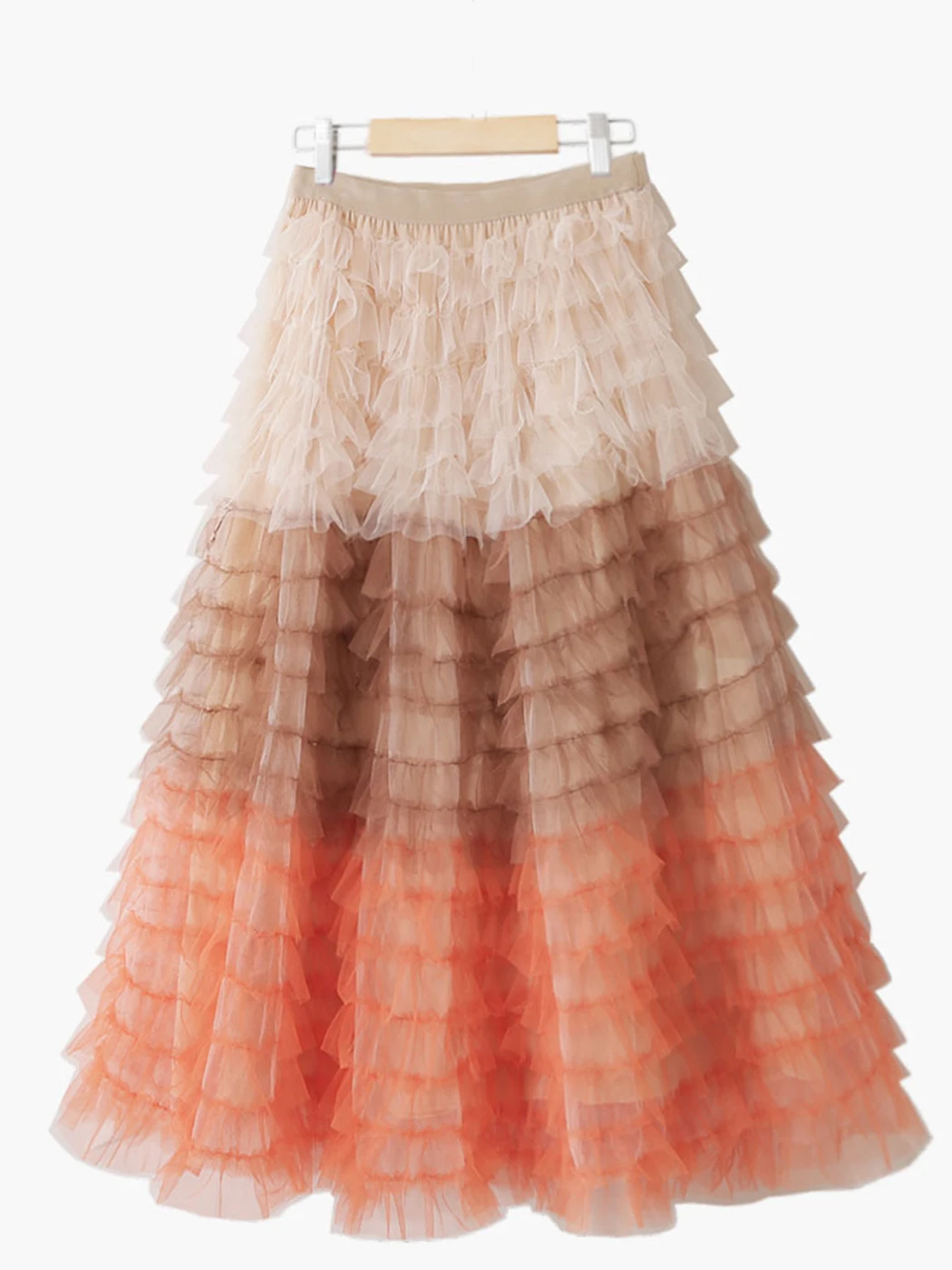 

Jyate Gradient Cupcake Skirts Woman Spring Elastic Waist Lining Two-Layer Mesh Midi Skirt Folds Fashion Loose Chic Sweet Falda