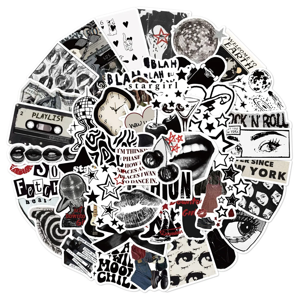 

50 шт. Ретро-наклейки Y2K, черно-белые виниловые стикеры