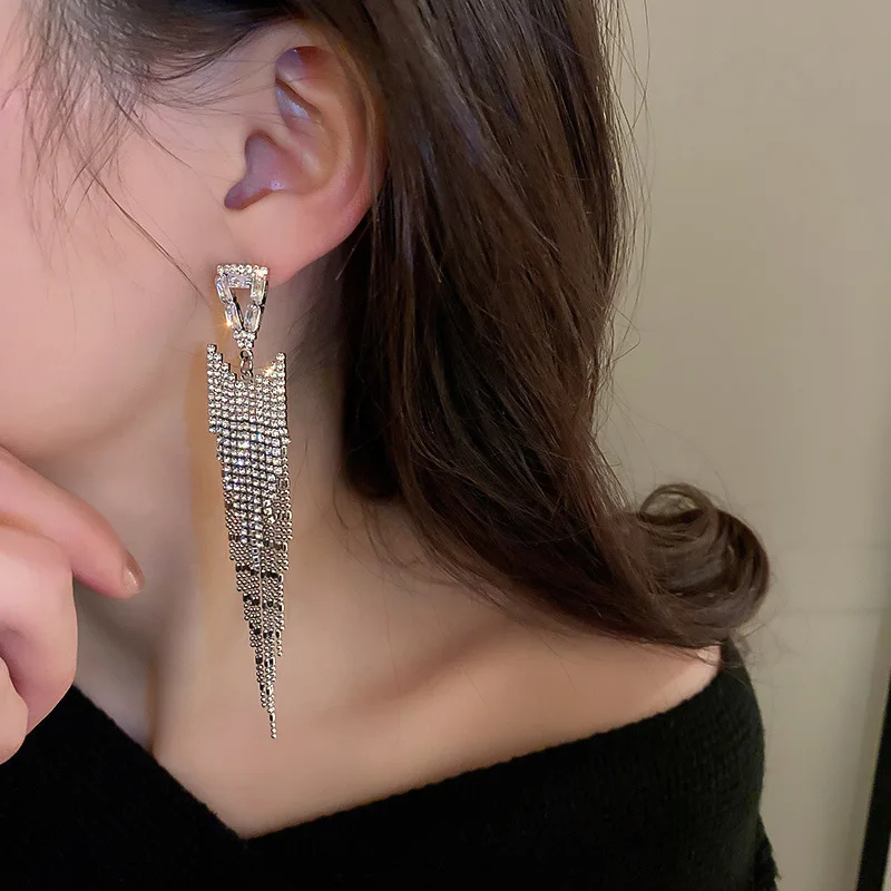 Luxury Dangle Earring Long Full Rhinestone Big Earrings For Women Water Drop Black Silver Color Crystal Tassel Statement Jewelry