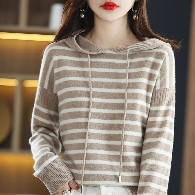 

Женская толстовка из 100% шерсти/кашемира, Весенняя новинка, Базовая рубашка с капюшоном и воротником, Свободный вязаный пуловер большого размера, топ в полоску