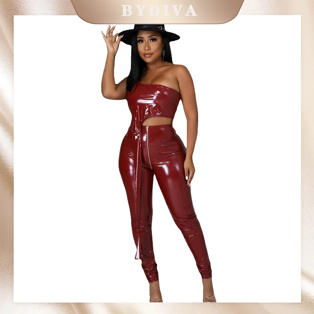 

Спортивный костюм BYDIVA из искусственной кожи для женщин, пикантный комплект из двух предметов, на одно плечо, без рукавов, Асимметричные Длин...