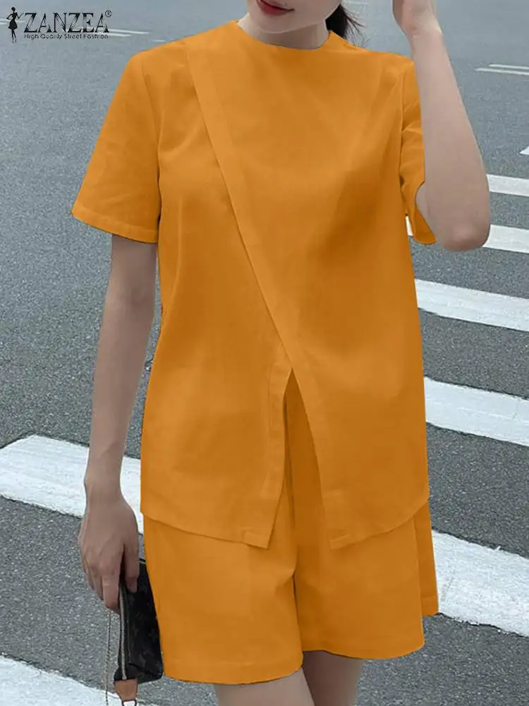 Комплект ZANZEA женский из 2 предметов ассиметричный топ с коротким рукавом и шорты