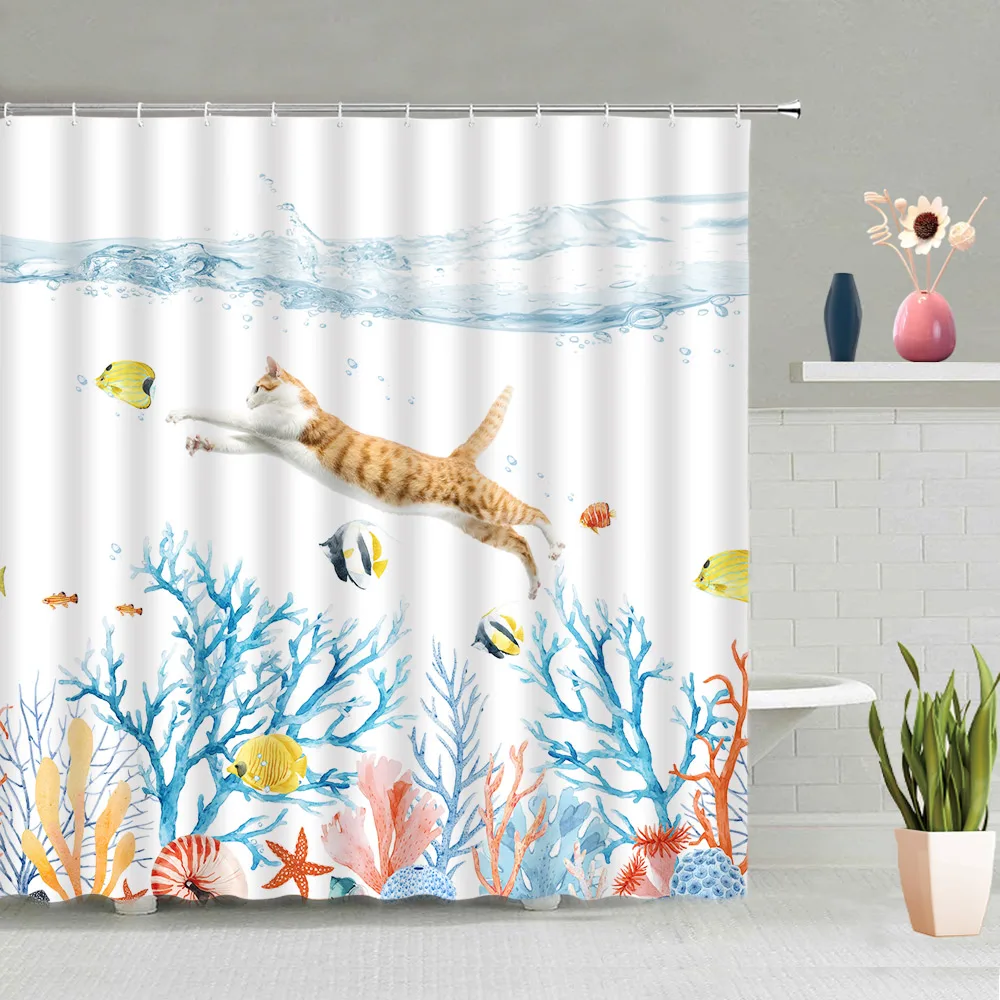 Funny Underwater Cat Shower Curtains Watercolor Tropical Fish Coral Starfish Creative Design Art Bathroom Decor Bath Curtain Set