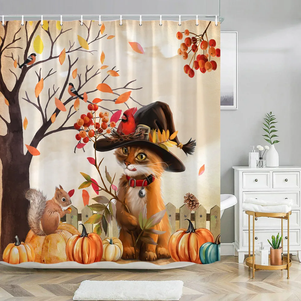

Осенняя занавеска для душа в ванную комнату, декоративная Осенняя занавеска для душа из полиэстера с рисунком котенка и тыквы на Хэллоуин, занавески для душа с крючками