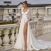 fivsole elegant beach wedding dresses long sleeves satin high quality zipper bridal gowns hot sale side split robe de mari%c3%a9e