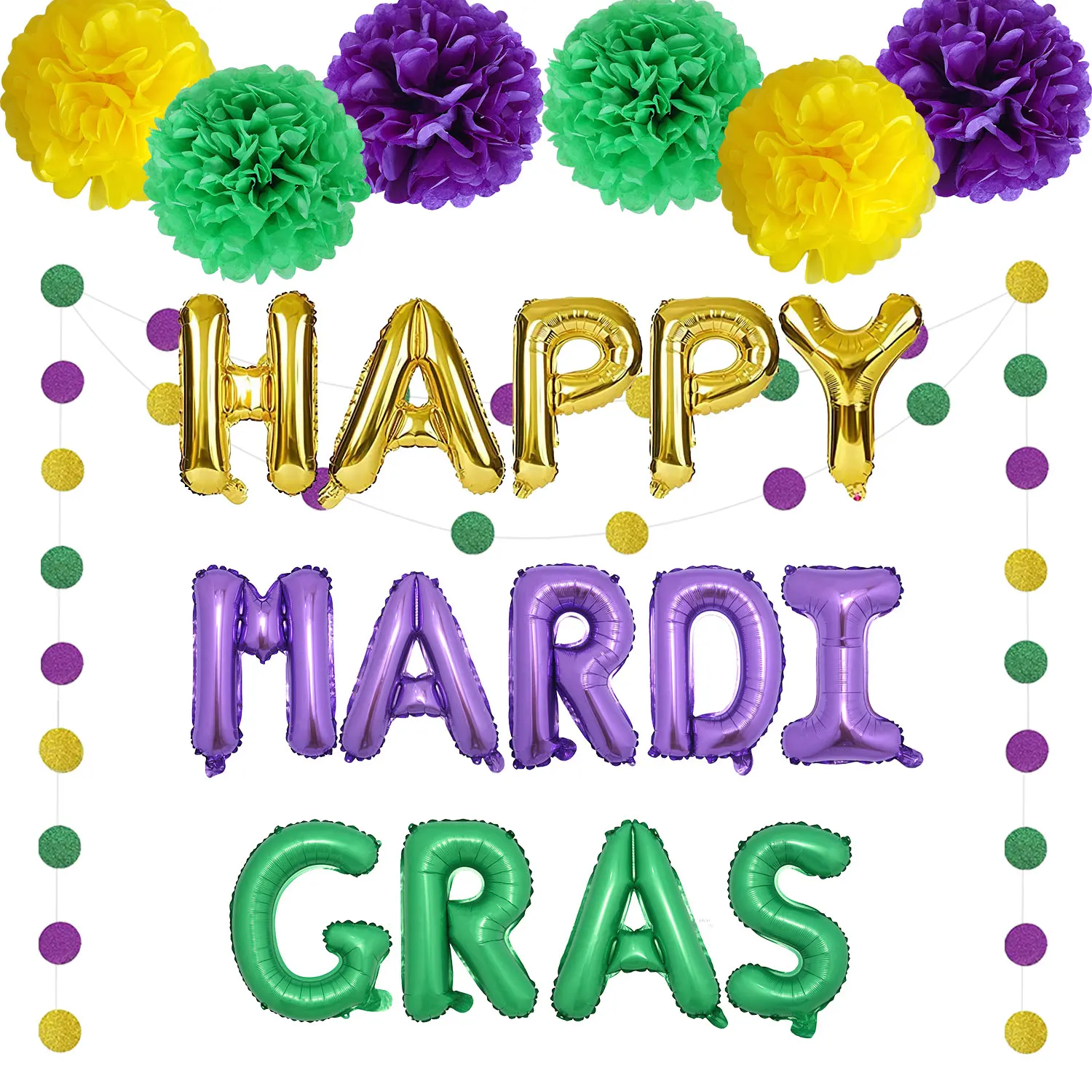 

Happy Mardi Gras Decorations with Gold Purple Green Paper Pom Poms Mardi Gras Balloons for New Orleans Carnival Party Supplies