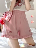 houzhou kawaii pink sweat shorts women japanese style soft girl oversize ruffles embroidery pajamas pants female korean fashion