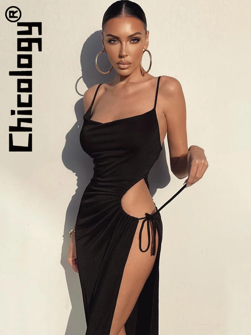 

Chicology, сексуальное черное тонкое длинное платье со шнуровкой и вырезами, праздничные вечерние платья для пляжного отдыха, элегантная Летняя...