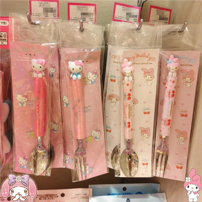 

Ложка-вилка Sanrios Mymelody Cinnamoroll из нержавеющей стали, столовая посуда, милая ложка с ручкой из аниме ABS, портативная Ложка для кемпинга на открытом воздухе