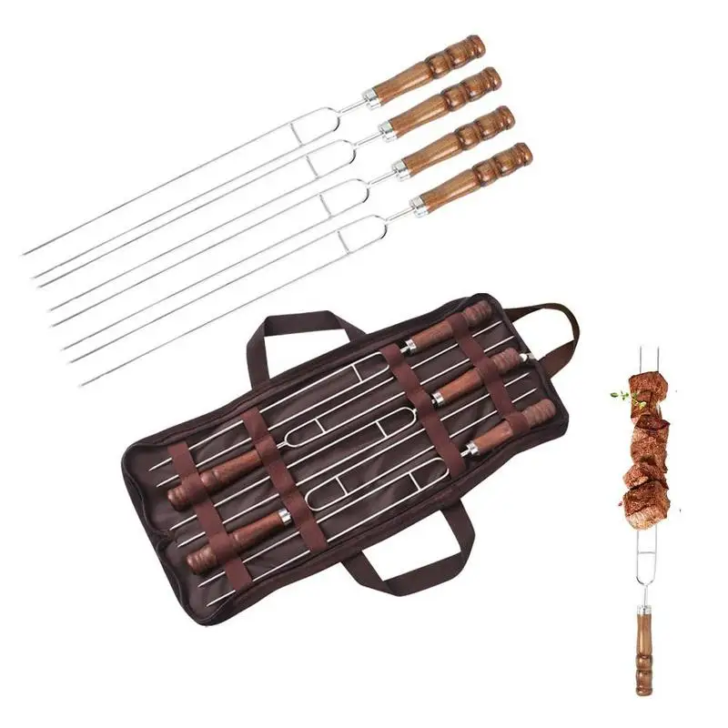 

Уличная игла для выпечки Ushaped, двойная игла для пикника, барбекю, вилка для барбекю, пищевой инструмент для выпечки из нержавеющей стали с деревянной ручкой