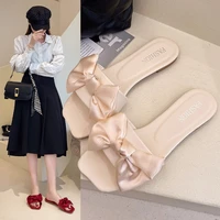 large size flat slippers womens outer wear summer square heel bow tie one word slippers women colored ribbon bow flat slippers