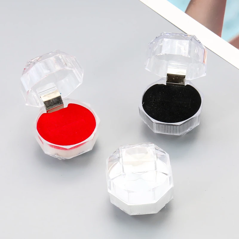 

Portable Plastic Ring Box Earrings Display Organizer Velvet Jewellery Case Holder Woman Transparent Gift Container Wholesale
