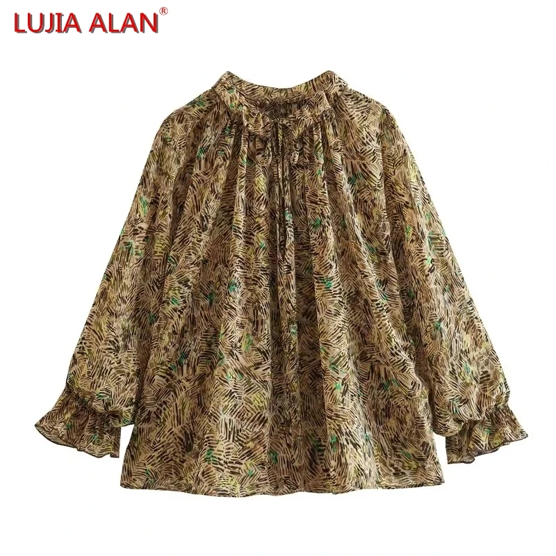 

Summer New Women Retro Printed Chiffon Blouse Female Lantern Sleeve Shirt Casual Loose Tops LUJIA ALAN B1808