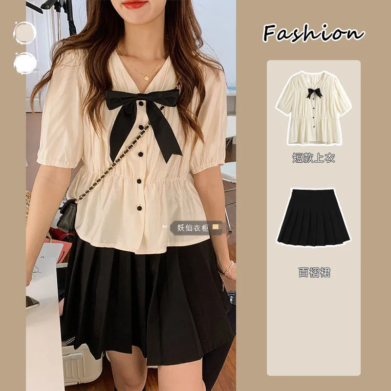

French sweet hubble-bubble sleeve chiffon shirt suits female summer new design feeling jacket show thin pleated skirts