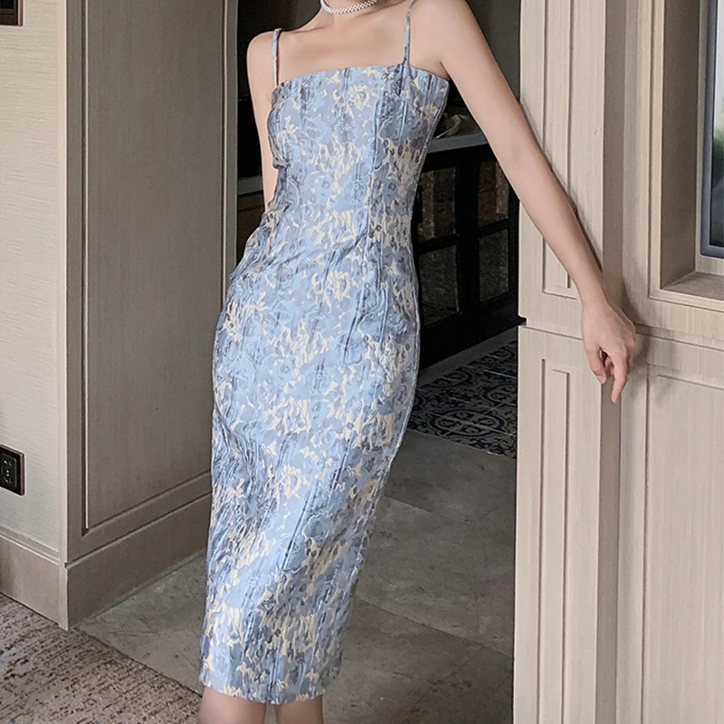 

French Sleeveless Rose Print Boho Summer Midi Strap Dress Women Floral Blue Dresses Sundress Vintage Classic Trendy Robe Female