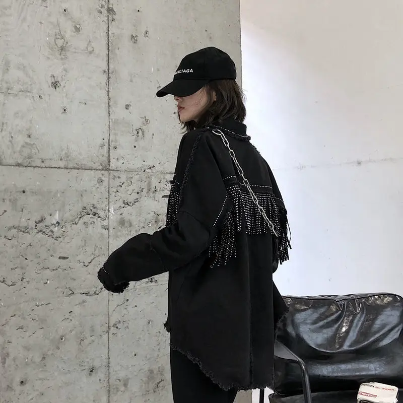 NEW Women's Black Lapel Slim Fringe Decorative Long Sleeve Jacket Autumn Hot Drilling Raw Edge Casual Street Coat Female