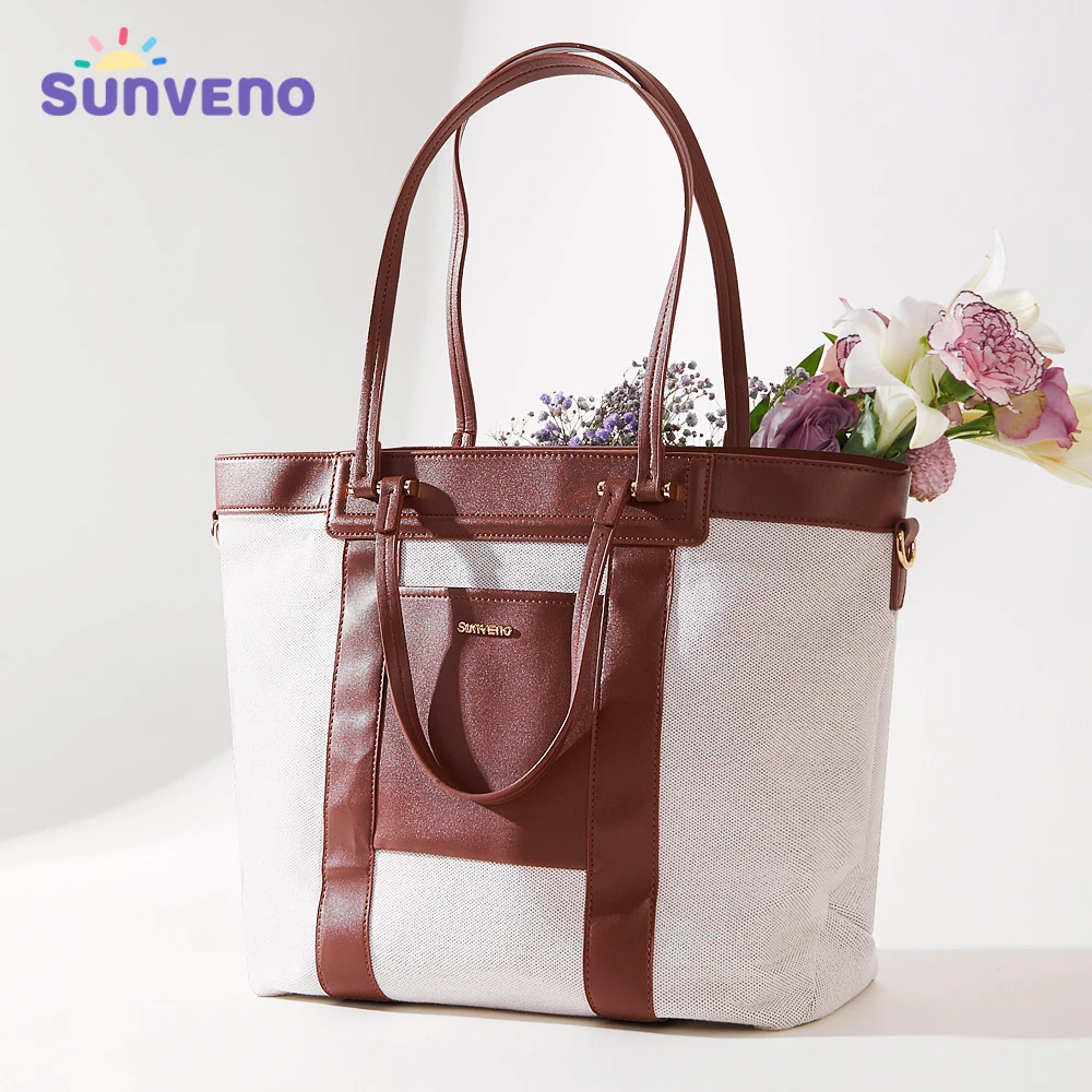 Sunveno Fashion Luxury Tote Diaper Bag Canvas+PU Stitching High Capacity Durable Shoulder Bags for Mommy