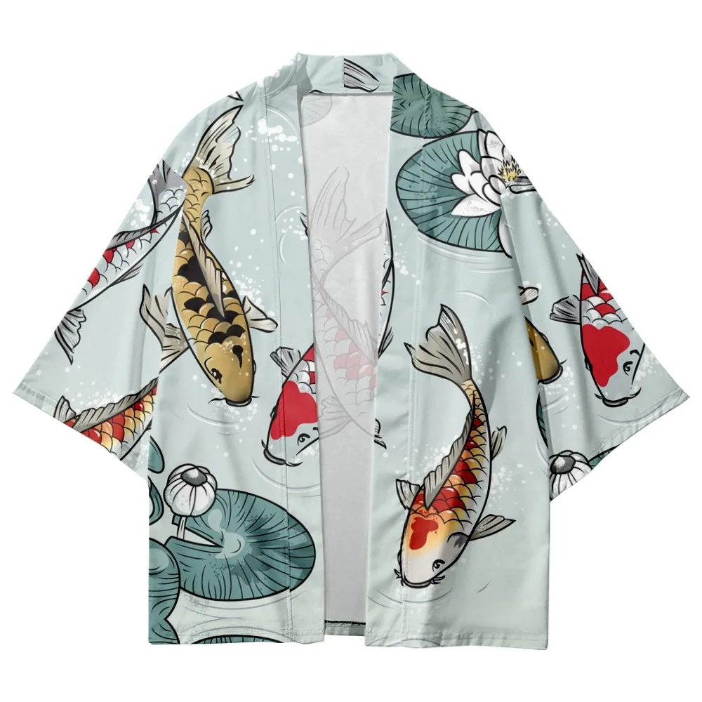 Топы с принтом кои Harajuku Haori Yukata Chinoiserie модное японское кимоно уличная одежда