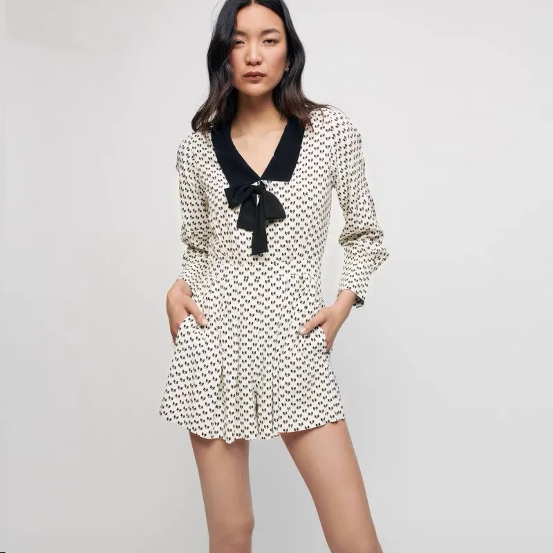 

New Arrival Maje Women Jumpsuits Women Fashion Playsuits Spring Summer Jumpsuits for Women Vintage Bow Female Short Jumpsuits