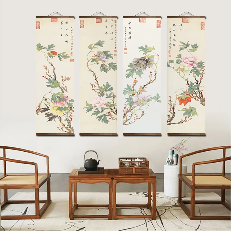 Chinese style Traditional green flowers Canvas for Living Room Wall Art Posters Solid Wood Scroll Paintings home decor |