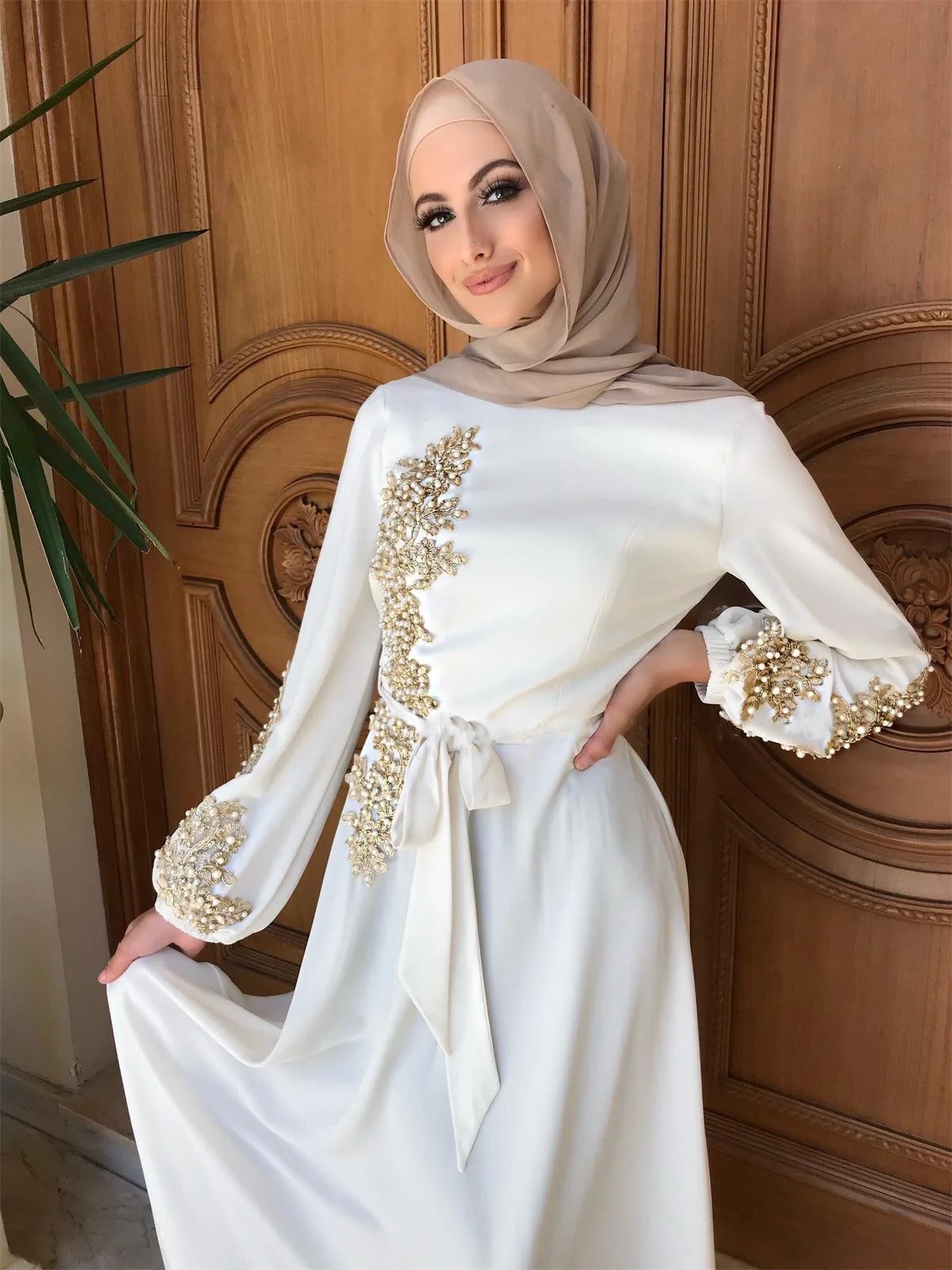Women's New Handmade Pearl Flower Prayers Muslim Turkish Indian Abaya Arab Islamic Women Moroccan Kraftan Dress Ramadan