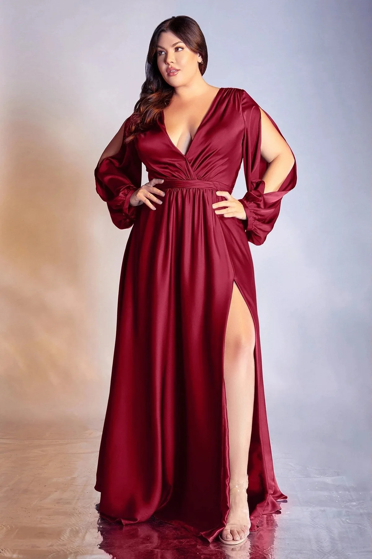 

Sexy Solid Color Hollow Split Dress Long Sleeve V-neck Evening Dress Women Vestidos