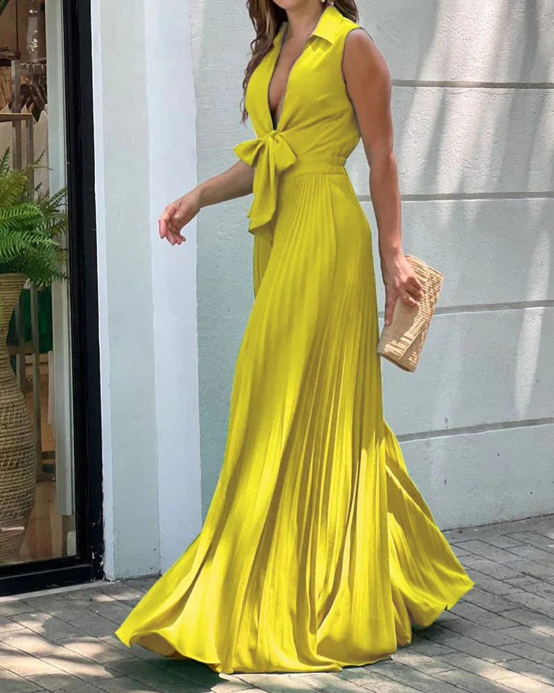 Spring Summer Fashion Pleated Jumpsuit Women Casual Loose Sleeveless Bow Tie High Waist Wide Leg Jumpsuit Women