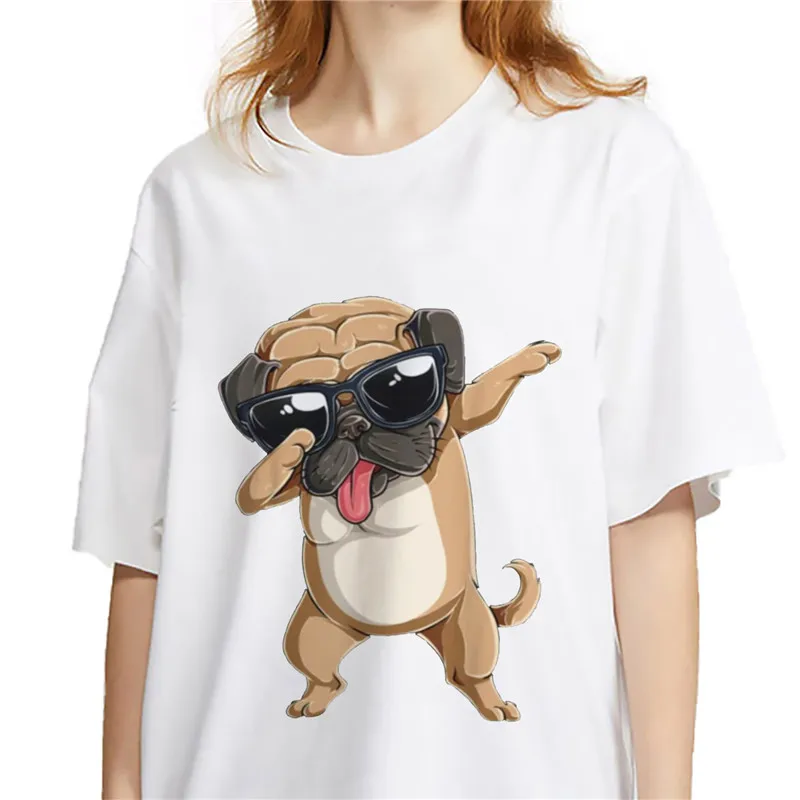 

Cute Pug Dog Prints White Tshirt Women Short Sleeved Women T Vintage Kawaii T-shirt Women's Fashion Harajuku Tee
