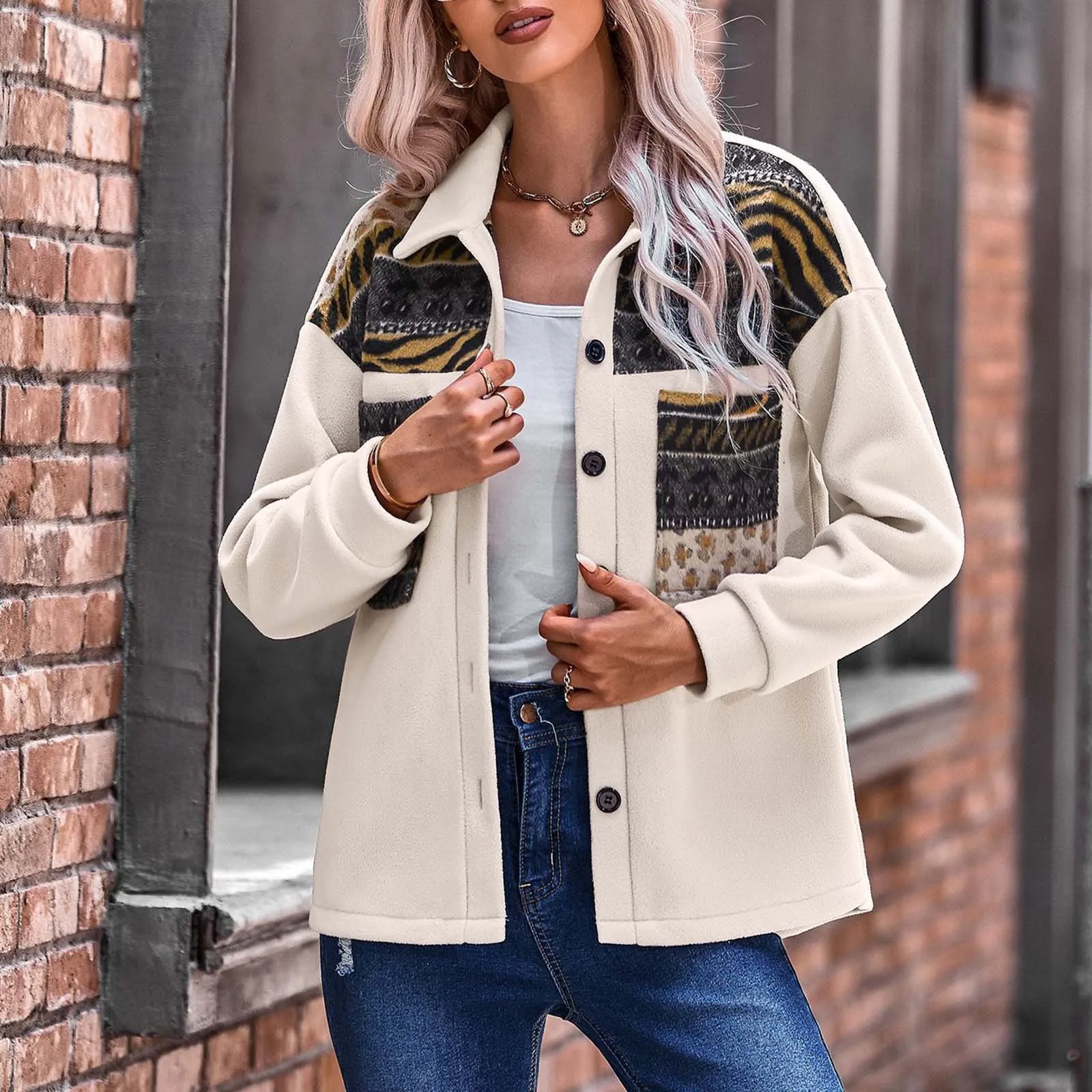 

Ruffled Womens Jacket Womens Long Sleeve Lapel Jacket Patchwork Ethnic Outer Jacket Jackets for Women Business Casual