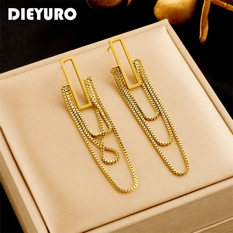 

DIEYURO 316L Stainless Steel Multi-layer Chain Tassel Earrings For Women Girl New Fashion Non-fading Jewelry Party Friend Gift