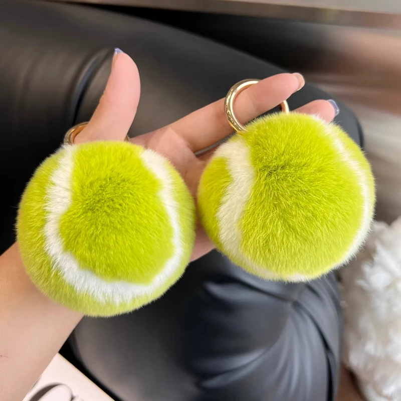 

Luxurious Real Rex Rabbit Fur Tennis Plush Keychain, Cute Plush Bag Charm for Gfit