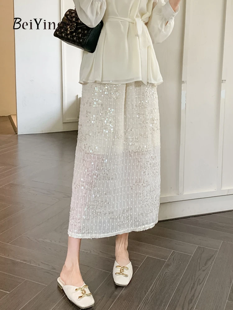 

Женская прямая юбка с блестками Beiyingni, элегантная трапециевидная юбка средней длины с разрезом и высокой талией, модные облегающие Роскошные корейские юбки