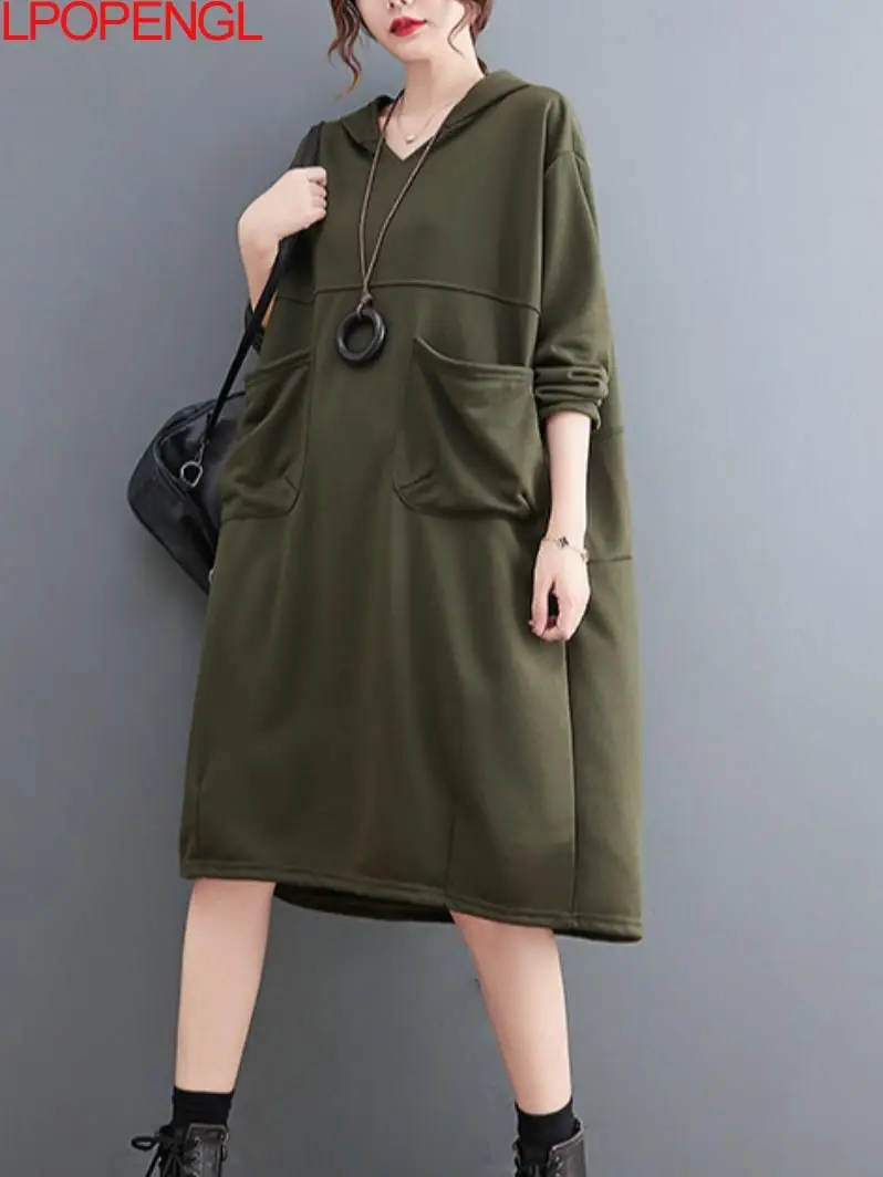 

2022 New Women's Autumn And Winter Korean Solid Color Knitted Hooded Sweatshirt Dress Women's Loose Big Pocket Knee-length Dress