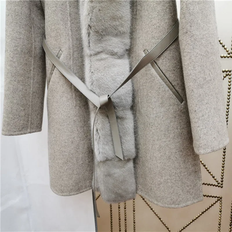 womens winter woolen coats 2022 New real mink fur collar 100% cashmere coat women enlarge