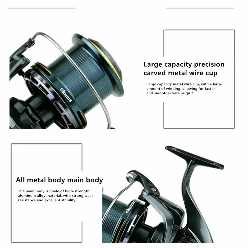 Фото Рыболовная катушка OKUMA 8000-14000, металлическое колесо для дальнего заброса, направляющая стержня, рыболовное колесо, 25-30 кг, тормозная рыбалка №5