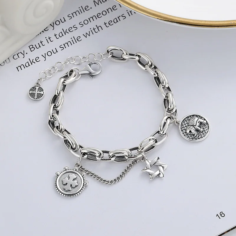 

925 Sterling Silver Bracelet with Cross and Hexagram - Chic and Creative Fashion Jewelry for Women and Men