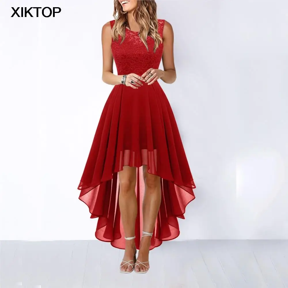

Xiktop женское красное платье с кружевным бантом, элегантное платье неправильной длины, платье без рукавов, коктейльное платье подружки невес...
