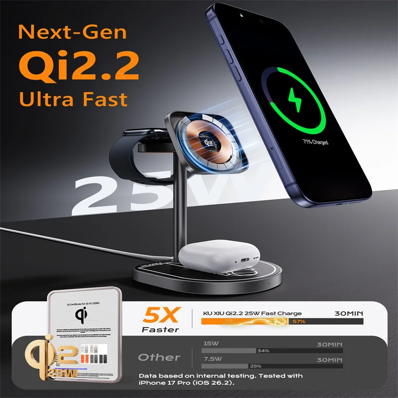Фото Беспроводная зарядная станция KUXIU X85Turbo Qi2.2 25W 3-в-1 складная для iPhone 17 16 15 14 13 / iWatch / AirPods, в виде баскетбольной стойки №1