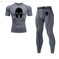 tracksuit men summer running suit gym workout clothing spartan mma t shirt short sleeve fitness leggings compression tights