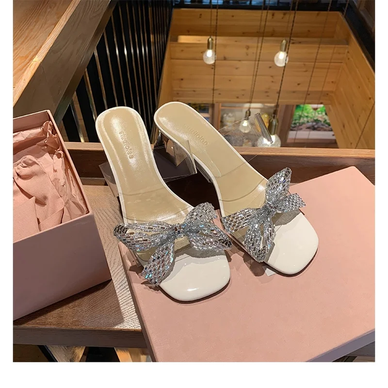 

crystal riband bowknot slippers women fashion designer transparent flip flops clear perspex med-high heels summer slides shoes