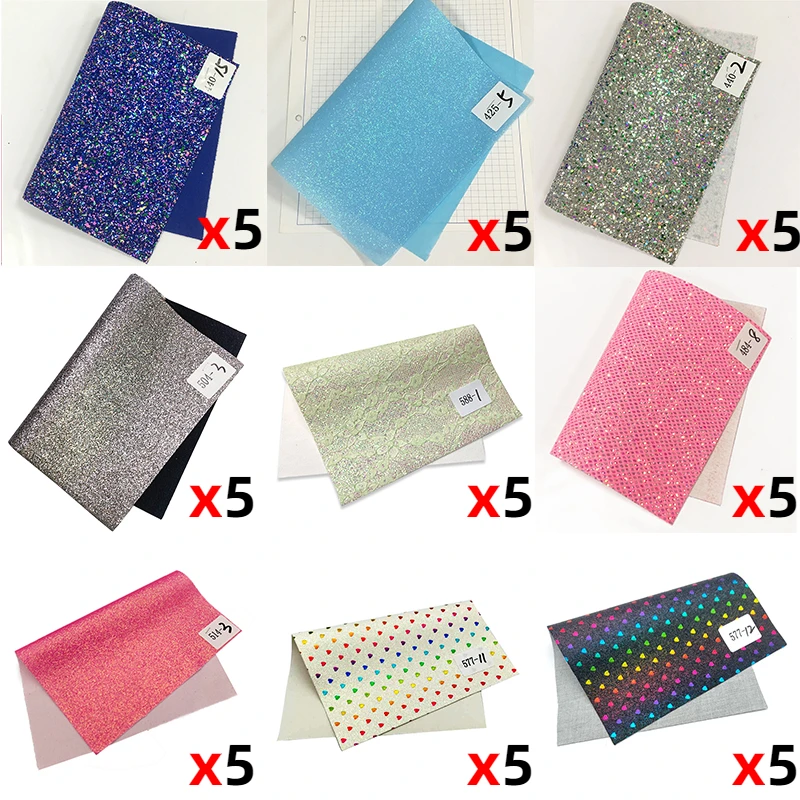 

5pcs Chunky Glitter Sequins Faux Leather Sheets Set Solid Color Synthetic Fabric for DIY Handmade Earrings Bows Craft A4