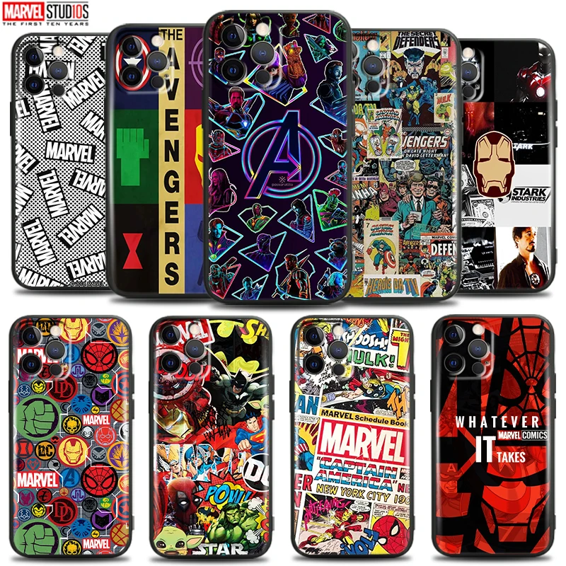 

Marvel Avengers For Apple iPhone 13 12 11 Pro 12 13 Mini X XR XS Max SE 6 6S 7 8 Plus Phone Case Liquid Silicon TPU Coque Black