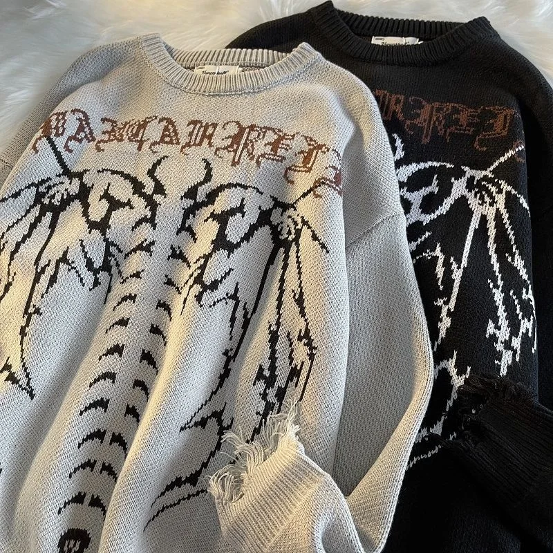 

2023 Men Oversized Sweater Hip Hop Streetwear Knitted Jumper Sweaters Harajuku Bat Skeleton Print Gothic Pullover Couples Unisex